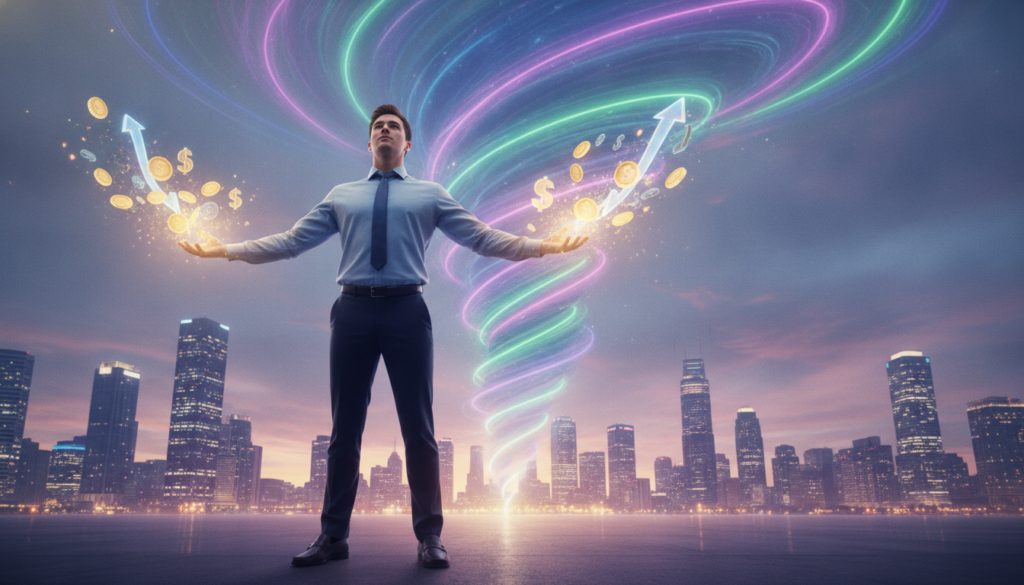 A serene, dream-like landscape bathed in soft neon colors, evoking a sense of tranquility and empowerment. In the foreground, a confident young adult man in smart casual attire stands with his arms open wide, releasing vibrant energy that transforms into colorful, ethereal symbols of wealth, such as coins and dollar signs. In the middle ground, a mystical, swirling vortex of light symbolizes the release of doubt, seamlessly blending into a backdrop of a sprawling city skyline representing abundance and opportunity. The scene is illuminated with ambient lighting, creating a warm glow that suggests optimism and possibility. Shot from a slightly low angle to enhance the subject’s stature, the mood feels uplifting and inspired, inviting the viewer to internalize the message of wealth manifestation.