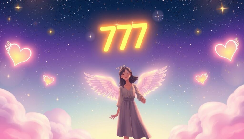 A serene dreamcore illustration depicting the concept of "angel number love relationships" with a focus on the number 777. In the foreground, a glowing golden number "777" floats gently above a couple holding hands, dressed in stylish yet modest attire, their faces expressing joy and connection. The middle ground features ethereal angelic motifs, such as soft, luminous wings and heart-shaped clouds surrounding the couple, symbolizing love and protection. The background exhibits a gradient of vibrant neon colors blending into a celestial sky filled with sparkling stars, creating a whimsical and uplifting atmosphere. Soft, diffused lighting enhances the dreamlike quality, casting a warm glow on the couple, evoking feelings of positivity and harmony in love. The angle captures the enchanting scene from a slightly elevated perspective, inviting viewers into this magical moment.