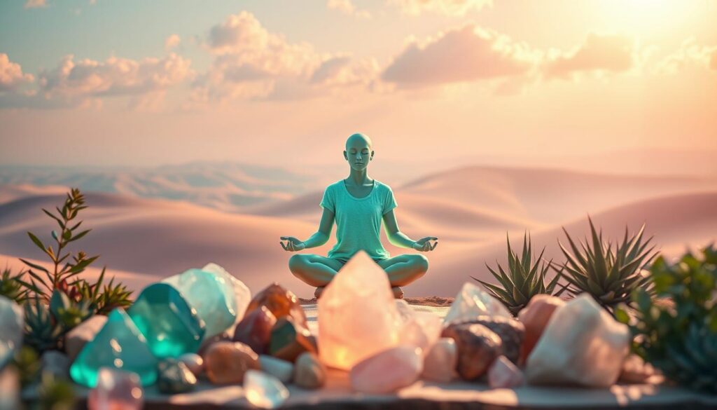 A serene dreamcore scene representing daily affirmations for peace and energy. Foreground features a beautifully arranged collection of crystals and plants, radiating calming energy. In the middle ground, an abstract, ethereal figure in modest casual clothing, meditating, surrounded by glowing neon colors of soft blue and green, symbolizing tranquility and vitality. The background showcases a gentle, flowing landscape of pastel-colored hills under a bright, inviting sky, painted with warm sunlight filtering through soft clouds. The overall ambiance is blissful and uplifting. Shot with a soft focus lens to enhance the dreamlike quality, with an emphasis on harmony and positivity. The lighting is bright yet gentle, creating an inviting atmosphere that encourages reflection and serenity. A serene dreamcore scene representing daily affirmations for peace and energy. Foreground features a beautifully arranged collection of crystals and plants, radiating calming energy. In the middle ground, an abstract, ethereal figure in modest casual clothing, meditating, surrounded by glowing neon colors of soft blue and green, symbolizing tranquility and vitality. The background showcases a gentle, flowing landscape of pastel-colored hills under a bright, inviting sky, painted with warm sunlight filtering through soft clouds. The overall ambiance is blissful and uplifting. Shot with a soft focus lens to enhance the dreamlike quality, with an emphasis on harmony and positivity. The lighting is bright yet gentle, creating an inviting atmosphere that encourages reflection and serenity.