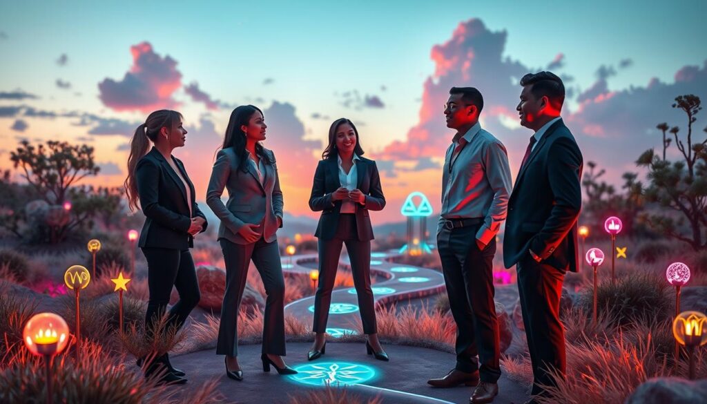A serene, dreamlike landscape at dusk, blending soft pastel hues with vibrant neon accents. In the foreground, a diverse group of adults in professional business attire stands confidently, exchanging insights, symbolizing collaboration and clarity in decision-making. Their expressions convey deep intuition and conviction. The middle ground features whimsical, flowing pathways adorned with glowing symbols and ethereal plants, representing life choices emerging from spiritual alignment. In the background, a celestial sky filled with dreamcore elements like luminous clouds and distant stars echoes the theme of interconnectedness. The scene is warmly lit, creating an inviting atmosphere with a sense of tranquility and potential. Capture this moment from a slightly elevated angle to emphasize the depth of the landscape and the alignment of the figures. A serene, dreamlike landscape at dusk, blending soft pastel hues with vibrant neon accents. In the foreground, a diverse group of adults in professional business attire stands confidently, exchanging insights, symbolizing collaboration and clarity in decision-making. Their expressions convey deep intuition and conviction. The middle ground features whimsical, flowing pathways adorned with glowing symbols and ethereal plants, representing life choices emerging from spiritual alignment. In the background, a celestial sky filled with dreamcore elements like luminous clouds and distant stars echoes the theme of interconnectedness. The scene is warmly lit, creating an inviting atmosphere with a sense of tranquility and potential. Capture this moment from a slightly elevated angle to emphasize the depth of the landscape and the alignment of the figures.