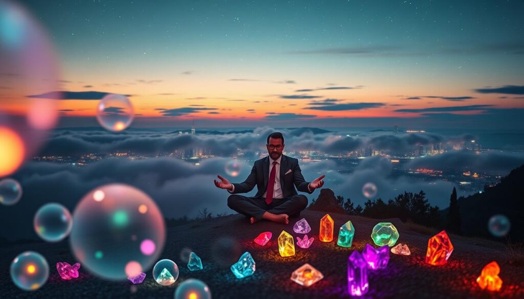 A serene, dreamlike landscape depicting financial spiritual guidance, where ethereal, glowing orbs of light float in the foreground, symbolizing guidance and prosperity. In the middle, a wise figure dressed in professional business attire sits cross-legged, hands raised in a meditative pose, surrounded by an array of vibrant, neon-colored crystals representing wealth and abundance. The background features a softly lit city skyline at dusk, casting a warm glow, with misty clouds under a starry sky filled with twinkling stars. The overall mood is calm and inspiring, evoking a sense of hope and peace. Utilize soft, diffused lighting for a surreal atmosphere, and employ a wide-angle lens to enhance the vastness of the scene. A serene, dreamlike landscape depicting financial spiritual guidance, where ethereal, glowing orbs of light float in the foreground, symbolizing guidance and prosperity. In the middle, a wise figure dressed in professional business attire sits cross-legged, hands raised in a meditative pose, surrounded by an array of vibrant, neon-colored crystals representing wealth and abundance. The background features a softly lit city skyline at dusk, casting a warm glow, with misty clouds under a starry sky filled with twinkling stars. The overall mood is calm and inspiring, evoking a sense of hope and peace. Utilize soft, diffused lighting for a surreal atmosphere, and employ a wide-angle lens to enhance the vastness of the scene.
