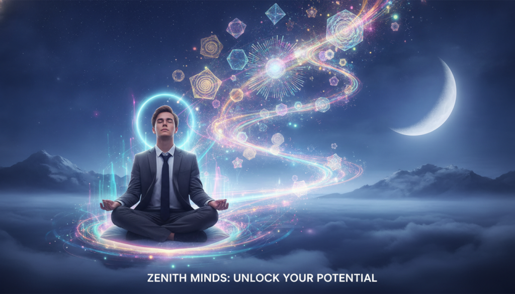 A serene, dreamlike landscape featuring an abstract representation of guided meditation. In the foreground, a young adult in professional business attire is seated cross-legged on a floating cushion, eyes closed, surrounded by a gentle aura of soft, neon colors. In the middle, ethereal swirls of vibrant light and geometric shapes depict the flow of thoughts and visualizations, symbolizing dream manifestation. The background features a tranquil night sky with distant stars and a glowing moon, casting a soft luminescence over the scene. The overall mood is calm and inspirational, evoking a sense of peacefulness and focus. High dynamic range lighting highlights the intricate details of the dreamcore elements, resembling a high-end magazine advertisement aimed at adult Gen Z.