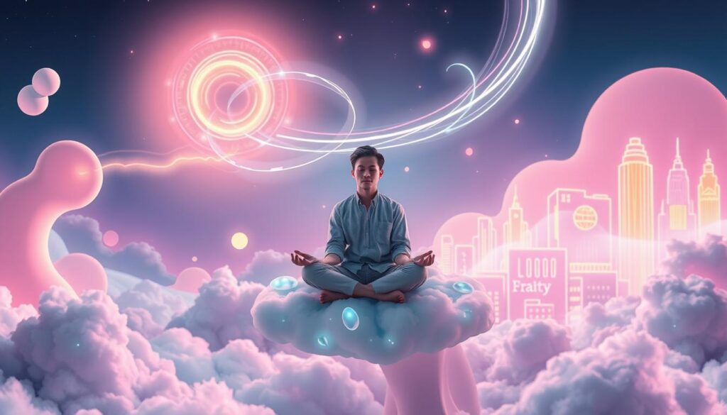 A serene dreamlike landscape representing the concept of reality shifting, nestled between whimsical, abstract shapes and vivid neon colors. In the foreground, a person sitting cross-legged on a floating cloud, dressed in modest casual clothing, their eyes closed in deep meditation. In the middle ground, ethereal streams of light and energy swirl around them, symbolizing consciousness expansion and the connection between realities. The background features a surreal, softly glowing cityscape made of soft pastel and neon hues, blending nature and technology harmoniously. The atmosphere is tranquil yet energized, illuminated by soft, radiant lighting, captured from a slight above angle as if looking down upon this mystical scene, evoking a feeling of wonder and introspection. A serene dreamlike landscape representing the concept of reality shifting, nestled between whimsical, abstract shapes and vivid neon colors. In the foreground, a person sitting cross-legged on a floating cloud, dressed in modest casual clothing, their eyes closed in deep meditation. In the middle ground, ethereal streams of light and energy swirl around them, symbolizing consciousness expansion and the connection between realities. The background features a surreal, softly glowing cityscape made of soft pastel and neon hues, blending nature and technology harmoniously. The atmosphere is tranquil yet energized, illuminated by soft, radiant lighting, captured from a slight above angle as if looking down upon this mystical scene, evoking a feeling of wonder and introspection.