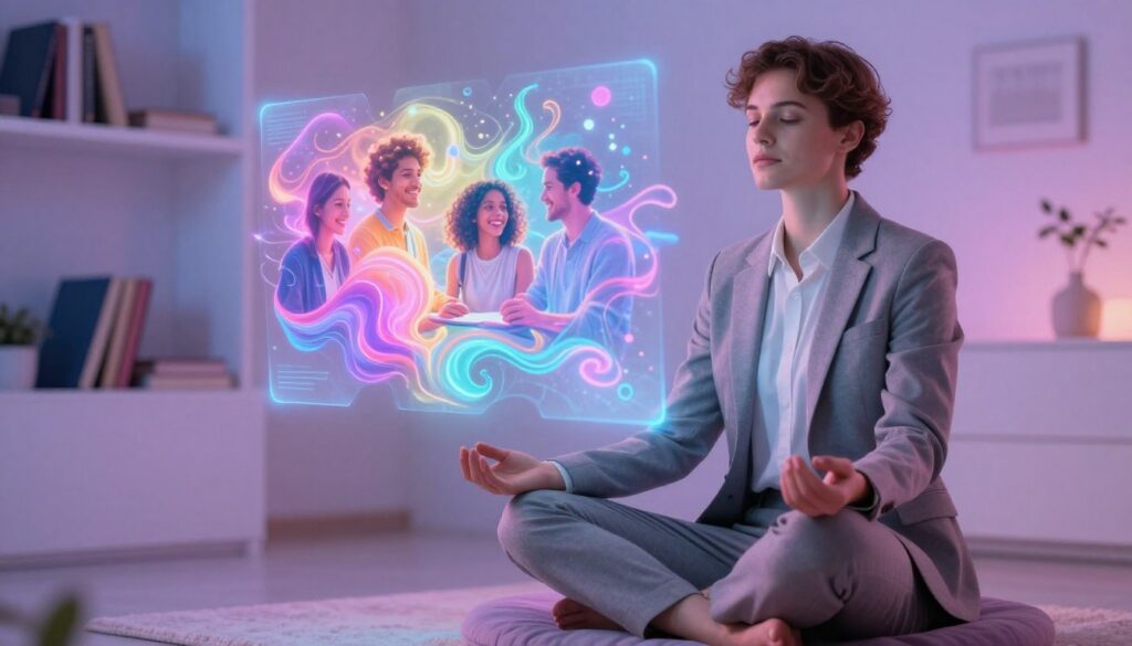 A serene, dreamlike room bathed in soft, ethereal neon colors, featuring a young Caucasian adult in professional business attire sitting cross-legged on a plush cushion, engaged in deep visualization. The foreground showcases a tranquil expression on their face, embodying focus and intent. In the middle, a shimmering, holographic scene materializes above them, depicting a vibrant memory being revised – bright, fluid images of joyful moments blending harmoniously. The background reveals softly blurred shelves lined with books on self-improvement and mindfulness, illuminated by gentle, diffused lighting. The overall mood is one of calm, introspection, and creativity, evoking a sense of transformative potential as the individual harnesses the power of revision. The composition captures an inspiring blend of modernity and tranquility, perfect for a high-end magazine aesthetic. A serene, dreamlike room bathed in soft, ethereal neon colors, featuring a young Caucasian adult in professional business attire sitting cross-legged on a plush cushion, engaged in deep visualization. The foreground showcases a tranquil expression on their face, embodying focus and intent. In the middle, a shimmering, holographic scene materializes above them, depicting a vibrant memory being revised – bright, fluid images of joyful moments blending harmoniously. The background reveals softly blurred shelves lined with books on self-improvement and mindfulness, illuminated by gentle, diffused lighting. The overall mood is one of calm, introspection, and creativity, evoking a sense of transformative potential as the individual harnesses the power of revision. The composition captures an inspiring blend of modernity and tranquility, perfect for a high-end magazine aesthetic.