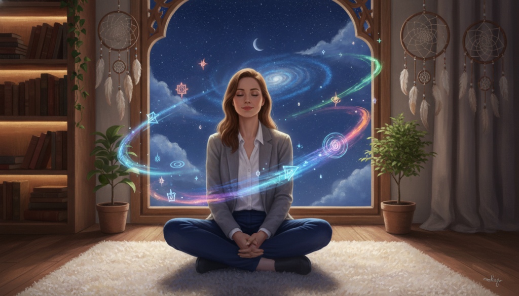 A serene, dreamlike scene capturing the essence of intuition, dreams, and daily life. In the foreground, a young Caucasian woman in professional attire sits cross-legged on a soft, plush rug, surrounded by ethereal, glowing dream symbols like stars, clouds, and abstract shapes in vibrant neon colors. The middle ground features a cozy, softly lit room filled with dreamcatchers and delicate plants, creating a tranquil atmosphere. In the background, a large window reveals a starlit night sky, further enhancing the dreamlike quality. The lighting is soft and ambient, casting gentle shadows to evoke a sense of calm and introspection. The overall mood is magical and introspective, inviting viewers to explore their inner thoughts and visions. A serene, dreamlike scene capturing the essence of intuition, dreams, and daily life. In the foreground, a young Caucasian woman in professional attire sits cross-legged on a soft, plush rug, surrounded by ethereal, glowing dream symbols like stars, clouds, and abstract shapes in vibrant neon colors. The middle ground features a cozy, softly lit room filled with dreamcatchers and delicate plants, creating a tranquil atmosphere. In the background, a large window reveals a starlit night sky, further enhancing the dreamlike quality. The lighting is soft and ambient, casting gentle shadows to evoke a sense of calm and introspection. The overall mood is magical and introspective, inviting viewers to explore their inner thoughts and visions.