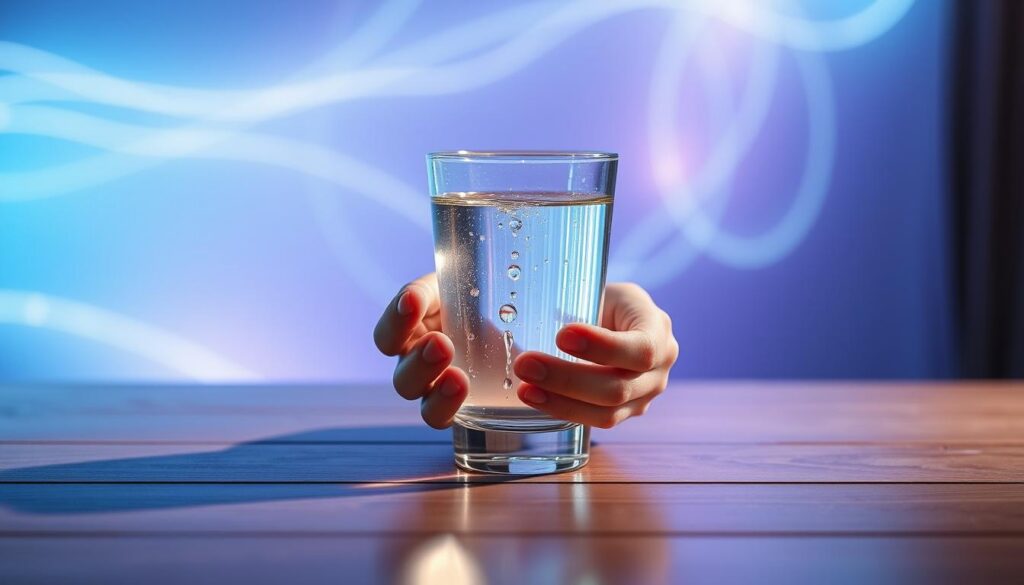 A serene, dreamlike scene centered around a crystal-clear glass filled with water, surrounded by luminous neon colors swirling softly in the background. In the foreground, a pair of hands gently hold the glass, reflecting soft light that casts ethereal shadows on a modern wooden table. The middle ground features delicate, shimmering water droplets cascading down the glass, symbolizing the concept of manifestation. In the background, abstract shapes and waves of light create a tranquil atmosphere, with hints of calming blues and vibrant purples merging harmoniously. The ambiance is peaceful yet captivating, evoking a sense of curiosity and intrigue about the power of water in manifestation. The lighting is soft and ambient, resembling a high-end magazine advertisement, appealing to adult Gen Z aesthetics. A serene, dreamlike scene centered around a crystal-clear glass filled with water, surrounded by luminous neon colors swirling softly in the background. In the foreground, a pair of hands gently hold the glass, reflecting soft light that casts ethereal shadows on a modern wooden table. The middle ground features delicate, shimmering water droplets cascading down the glass, symbolizing the concept of manifestation. In the background, abstract shapes and waves of light create a tranquil atmosphere, with hints of calming blues and vibrant purples merging harmoniously. The ambiance is peaceful yet captivating, evoking a sense of curiosity and intrigue about the power of water in manifestation. The lighting is soft and ambient, resembling a high-end magazine advertisement, appealing to adult Gen Z aesthetics.