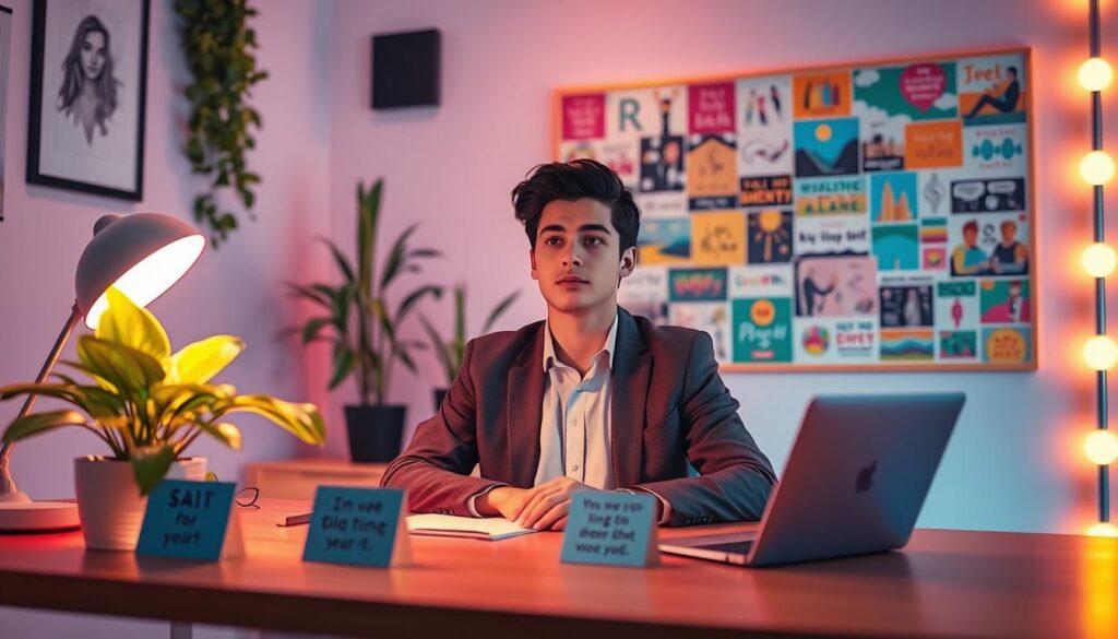 A serene, dreamlike scene depicting a cozy, modern workspace bathed in soft, neon colors. In the foreground, an elegantly arranged desk is adorned with motivational affirmation cards shimmering under gentle, ambient lighting. Several plants thrive in the background, symbolizing growth and prosperity. A large, colorful vision board hangs on the wall, filled with images of success and abundance. A young adult, dressed in professional attire, sits at the desk, gazing thoughtfully at the board, radiating positivity and focus. The atmosphere is calming yet inspiring, designed to evoke feelings of motivation and abundance. The lens captures a slightly elevated angle, enhancing the depth of the scene while soft bokeh blurs the surroundings, emphasizing the subject's connection to their aspirations.