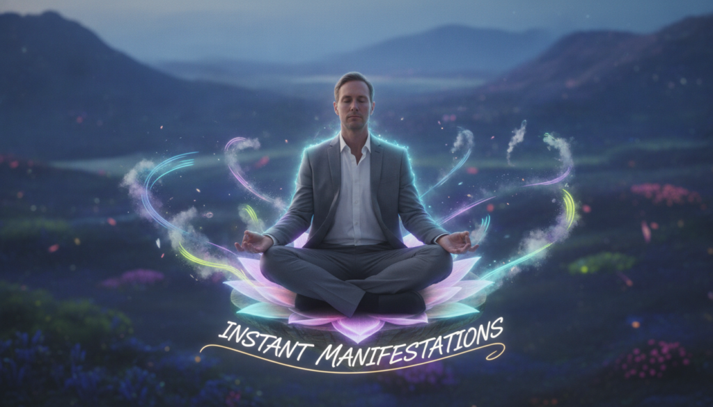 A serene dreamlike scene depicting a person in a meditative pose, dressed in professional business attire, centered in the foreground. The individual, a Caucasian adult, embodies a state of tranquility with eyes gently closed, surrounded by soft, glowing neon colors that evoke a sense of calm and introspection. In the middle ground, abstract representations of swirling thoughts and ideas float gently, symbolizing the transition to a state akin to sleep. The background features a blurred, ethereal landscape illuminated by soft hues of blue and purple, suggesting a dream realm. The lighting is soft and diffused, creating a peaceful atmosphere. Captured from a slightly elevated angle, the composition conveys a feeling of profundity and mysticism, inviting viewers into the world of instant manifestations.