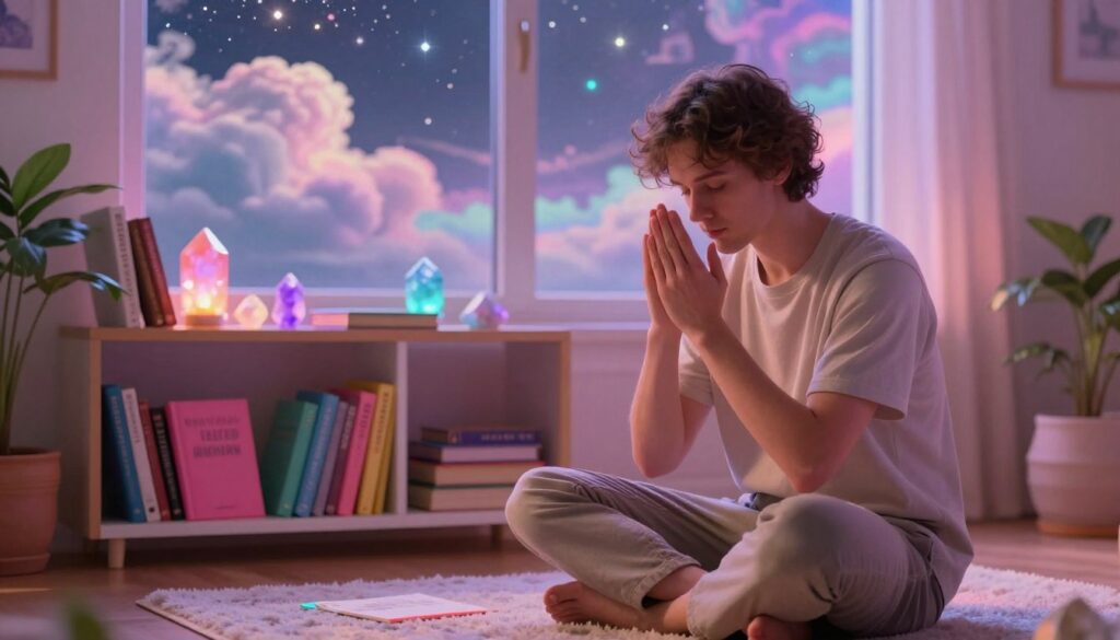 A serene, dreamlike scene depicting a person practicing reality checks, sitting in a cozy, softly-lit room. The foreground features an adult Caucasian individual, dressed in modest casual clothing, intensely focused on examining their hands while seated cross-legged on a plush rug. The middle layer showcases shelves adorned with books on lucid dreaming, crystals, and dream journals, all in vibrant neon colors that evoke a dreamcore aesthetic. In the background, a large window reveals an iridescent night sky filled with swirling clouds and ethereal stars, casting a gentle glow across the room. The lighting is warm and inviting, with a slight overlay of soft pastel hues. The atmosphere is calm and introspective, encouraging mindfulness and awareness, suggesting a bridge between waking life and the dream world.