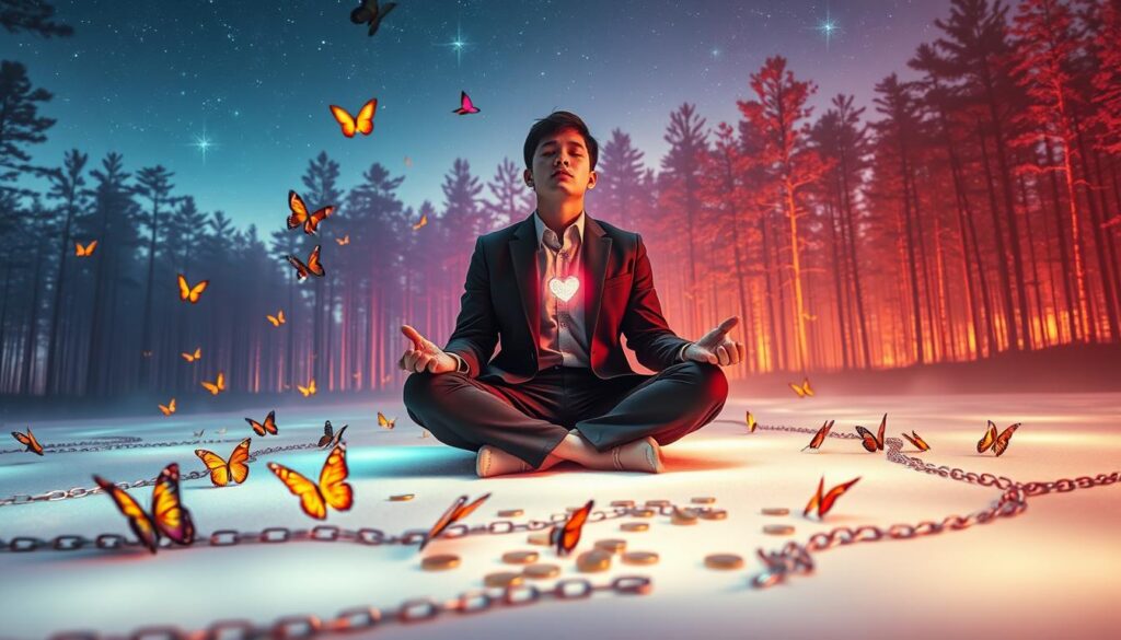 A serene, dreamlike scene depicting a symbolic representation of inner child healing intertwined with wealth blocks. In the foreground, a figure in professional business attire sits cross-legged on a soft, glowing floor, surrounded by colorful, ethereal butterflies representing childhood memories. Their expression is contemplative, eyes closed, with gentle neon lights radiating warmth from their heart. The middle ground features a mosaic of broken chains and shimmering gold coins scattered around, signifying release from financial constraints. In the background, a luminous forest of tall, vibrant trees glows softly under a starry sky, suggesting a harmonious blend of past and future. The lighting is soft yet vibrant, creating a calming, uplifting atmosphere. The angle captures the figure from a slightly elevated viewpoint, enhancing the feeling of introspection and transformation. A serene, dreamlike scene depicting a symbolic representation of inner child healing intertwined with wealth blocks. In the foreground, a figure in professional business attire sits cross-legged on a soft, glowing floor, surrounded by colorful, ethereal butterflies representing childhood memories. Their expression is contemplative, eyes closed, with gentle neon lights radiating warmth from their heart. The middle ground features a mosaic of broken chains and shimmering gold coins scattered around, signifying release from financial constraints. In the background, a luminous forest of tall, vibrant trees glows softly under a starry sky, suggesting a harmonious blend of past and future. The lighting is soft yet vibrant, creating a calming, uplifting atmosphere. The angle captures the figure from a slightly elevated viewpoint, enhancing the feeling of introspection and transformation.