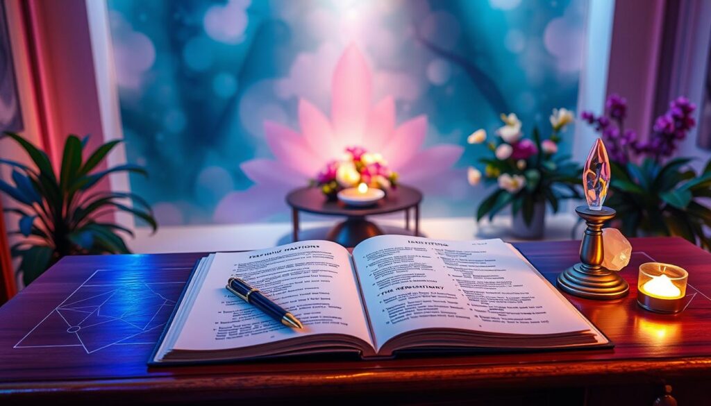 A serene, dreamlike scene depicting an elegant workspace designed for shadow work prompts, surrounded by ethereal, neon colors. In the foreground, a luxurious wooden desk holds an open journal filled with insightful prompts for healing and wealth, alongside a fountain pen and a glowing crystal. The middle ground features soft, lush greenery and gentle flower arrangements, symbolizing growth and abundance. In the background, a calming abstract mural blends shades of teal and lavender, suggesting depth and introspection. The lighting is soft and warm, casting a tranquil ambiance that invites reflection. A subtle glow highlights the elements, creating an uplifting, inspiring atmosphere suitable for personal growth and discovery. A serene, dreamlike scene depicting an elegant workspace designed for shadow work prompts, surrounded by ethereal, neon colors. In the foreground, a luxurious wooden desk holds an open journal filled with insightful prompts for healing and wealth, alongside a fountain pen and a glowing crystal. The middle ground features soft, lush greenery and gentle flower arrangements, symbolizing growth and abundance. In the background, a calming abstract mural blends shades of teal and lavender, suggesting depth and introspection. The lighting is soft and warm, casting a tranquil ambiance that invites reflection. A subtle glow highlights the elements, creating an uplifting, inspiring atmosphere suitable for personal growth and discovery.