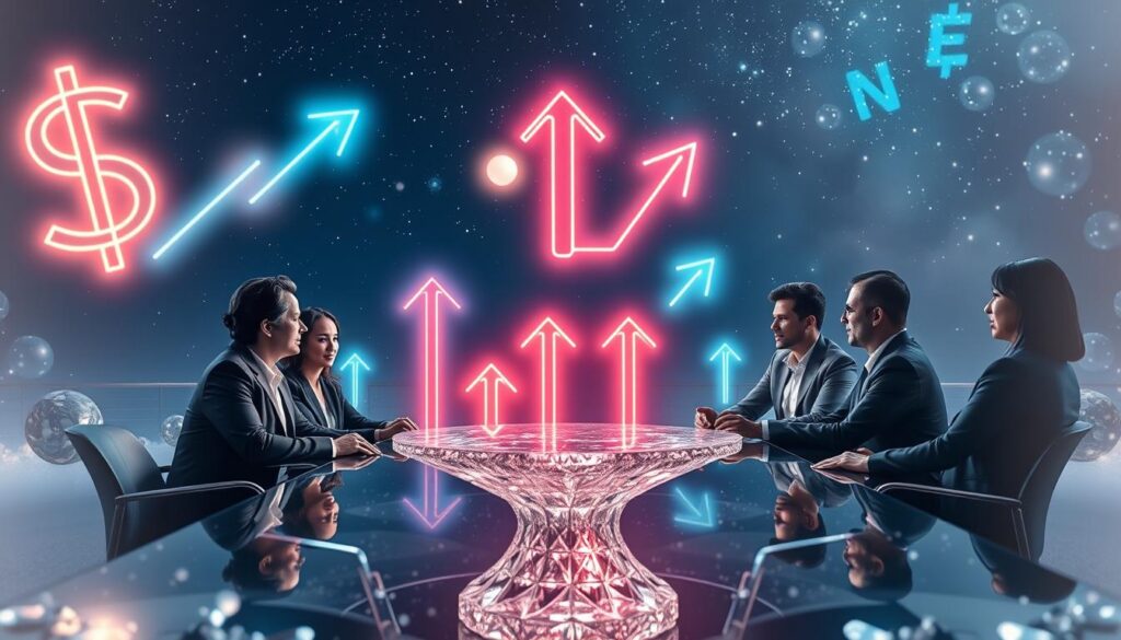 A serene, dreamlike scene depicting an ethereal guidance on money. In the foreground, a wise, diverse group of professionals in smart business attire sits around a dazzling crystal table, engaged in deep conversation, their expressions focused and hopeful. The middle ground features vibrant neon lights forming abstract financial symbols like dollar signs and upward arrows, intertwining with soft, glowing orbs that represent clarity and abundance. In the background, a calming night sky filled with twinkling stars casts a gentle, otherworldly glow, enhancing the atmosphere of possibility and inspiration. The lighting is soft yet vibrant, evoking a feeling of optimism and higher guidance, captured with a slightly blurred focus to give it a dreamy quality. A serene, dreamlike scene depicting an ethereal guidance on money. In the foreground, a wise, diverse group of professionals in smart business attire sits around a dazzling crystal table, engaged in deep conversation, their expressions focused and hopeful. The middle ground features vibrant neon lights forming abstract financial symbols like dollar signs and upward arrows, intertwining with soft, glowing orbs that represent clarity and abundance. In the background, a calming night sky filled with twinkling stars casts a gentle, otherworldly glow, enhancing the atmosphere of possibility and inspiration. The lighting is soft yet vibrant, evoking a feeling of optimism and higher guidance, captured with a slightly blurred focus to give it a dreamy quality.