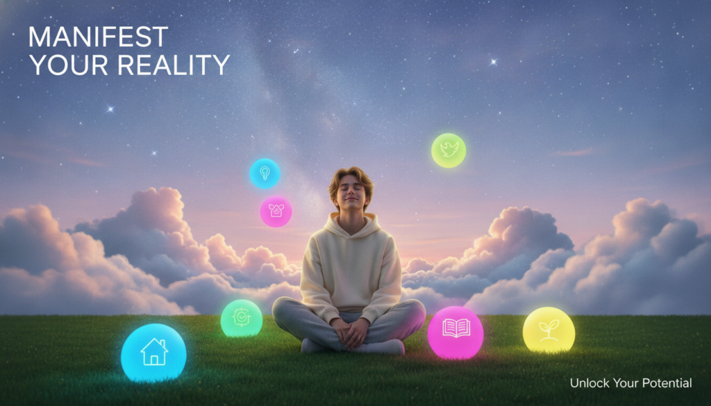 A serene dreamlike scene depicting an ethereal space for manifestation; in the foreground, a young adult in modest casual clothing sits cross-legged on a lush, green lawn, eyes closed, surrounded by gently floating neon orbs representing wishes. The middle ground features soft, billowing clouds in pastel colors, reflecting a peaceful atmosphere. In the background, a tranquil twilight sky adorned with shimmering stars transcends into deep purples and blues, hinting at an outer realm of possibilities. The lighting is soft and diffused, enhancing the surreal quality of the scene. The overall mood is hopeful and inspiring, capturing the essence of desires fulfilled. The image should convey a high-end magazine advertisement aesthetic, appealing to a contemporary adult Gen Z audience, blending elements of Dreamcore with a calm, contemplative energy.