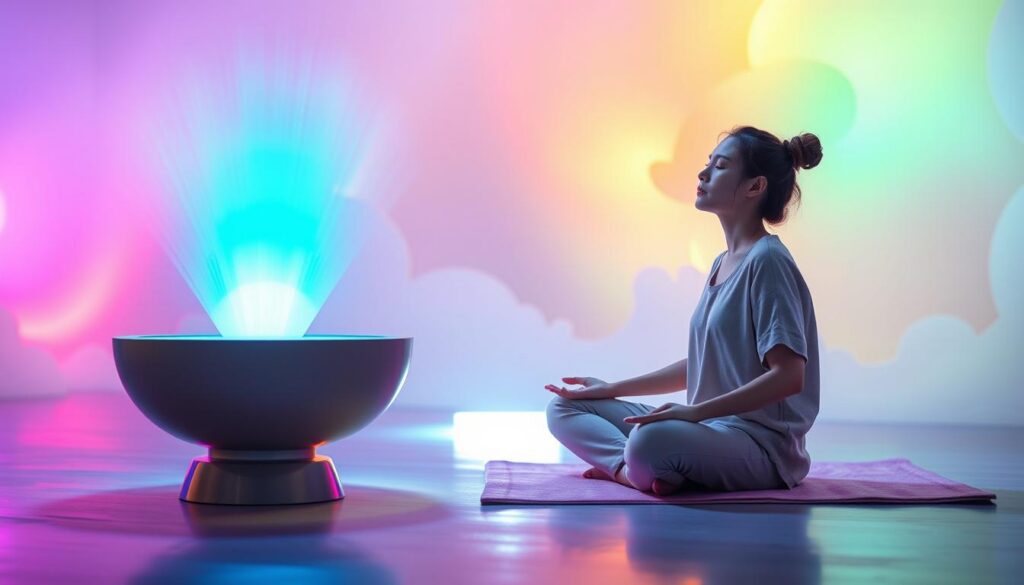 A serene, dreamlike scene depicting solfeggio frequency sound therapy. In the foreground, a modern, elegantly designed sound bowl emits vibrant waves of colorful sound frequencies. The middle ground features a tranquil adult in modest, casual attire, seated cross-legged on a soft, glowing mat, eyes closed in peaceful meditation, harmonizing with the sound. The background showcases an ethereal space filled with softly glowing neon colors, reminiscent of a dreamcore aesthetic. Soft, diffused lighting bathes the scene, enhancing the serene atmosphere. This composition evokes a sense of healing and harmony, inviting viewers to immerse themselves in the calming, restorative power of sound therapy.