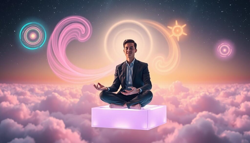 A serene, dreamlike scene illustrating "clear manifestation intention." In the foreground, a young adult in professional attire sits cross-legged on a luminous, floating geometric platform, meditating with hands gently cupped. Their face radiates calm and focus. The middle ground features swirling, neon-colored energy orbs representing thoughts and intentions coalescing into a coherent message. In the background, ethereal clouds of pastel hues blend into a starry sky, creating a cosmic atmosphere. Soft, ambient lighting enhances the scene with a glow, reminiscent of a high-end magazine advertisement. The overall mood is hopeful and introspective, inviting viewers to consider their own intentions. A serene, dreamlike scene illustrating "clear manifestation intention." In the foreground, a young adult in professional attire sits cross-legged on a luminous, floating geometric platform, meditating with hands gently cupped. Their face radiates calm and focus. The middle ground features swirling, neon-colored energy orbs representing thoughts and intentions coalescing into a coherent message. In the background, ethereal clouds of pastel hues blend into a starry sky, creating a cosmic atmosphere. Soft, ambient lighting enhances the scene with a glow, reminiscent of a high-end magazine advertisement. The overall mood is hopeful and introspective, inviting viewers to consider their own intentions.