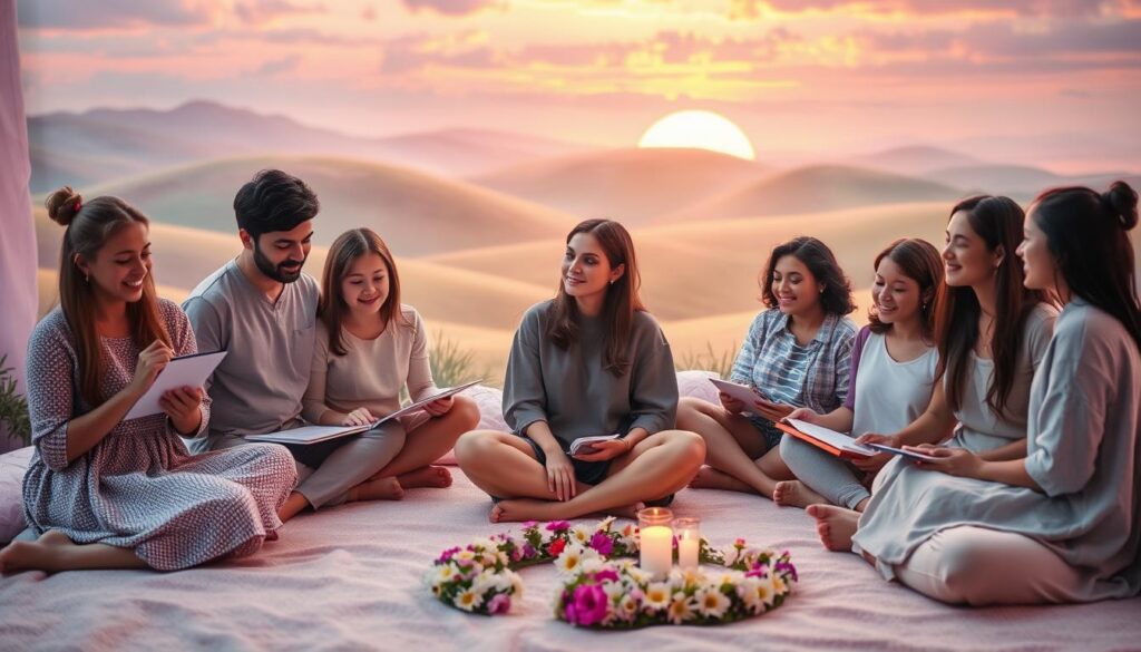 A serene, dreamlike scene illustrating inner child healing practices. In the foreground, a diverse group of individuals, dressed in modest casual clothing, engage in playful activities such as painting, journaling, and meditating, their expressions filled with joy and introspection. The middle ground features soft, pastel-colored cushions and a small circle of flowers, symbolizing nurturing and comfort. In the background, a whimsical landscape with gentle rolling hills and a colorful sunset casts a warm glow, blending neon hues that evoke a sense of wonder. The lighting is soft and diffused, reminiscent of a high-end magazine advertisement, creating an uplifting, tranquil atmosphere that invites reflection and healing. A serene, dreamlike scene illustrating inner child healing practices. In the foreground, a diverse group of individuals, dressed in modest casual clothing, engage in playful activities such as painting, journaling, and meditating, their expressions filled with joy and introspection. The middle ground features soft, pastel-colored cushions and a small circle of flowers, symbolizing nurturing and comfort. In the background, a whimsical landscape with gentle rolling hills and a colorful sunset casts a warm glow, blending neon hues that evoke a sense of wonder. The lighting is soft and diffused, reminiscent of a high-end magazine advertisement, creating an uplifting, tranquil atmosphere that invites reflection and healing.