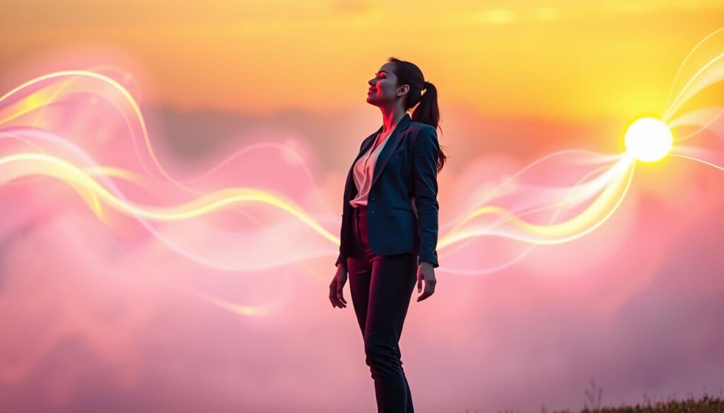 A serene, dreamlike scene illustrating the concept of "manifesting weight loss mindset." In the foreground, a young adult Gen Z woman in professional attire stands confidently, gazing towards a luminous, swirling mist of neon colors that represents positive energy and intentions. Her posture is open and inviting, symbolizing empowerment and determination. In the middle ground, abstract geometric shapes and soft waves of vibrant hues intertwine, evoking creativity and transformation. The background features a softly glowing sunset, casting warm light that enhances the uplifting atmosphere. The overall mood is optimistic and inspirational, with a high-end magazine advertisement feel, utilizing a shallow depth of field to create a dreamy focus on the subject. A serene, dreamlike scene illustrating the concept of "manifesting weight loss mindset." In the foreground, a young adult Gen Z woman in professional attire stands confidently, gazing towards a luminous, swirling mist of neon colors that represents positive energy and intentions. Her posture is open and inviting, symbolizing empowerment and determination. In the middle ground, abstract geometric shapes and soft waves of vibrant hues intertwine, evoking creativity and transformation. The background features a softly glowing sunset, casting warm light that enhances the uplifting atmosphere. The overall mood is optimistic and inspirational, with a high-end magazine advertisement feel, utilizing a shallow depth of field to create a dreamy focus on the subject.