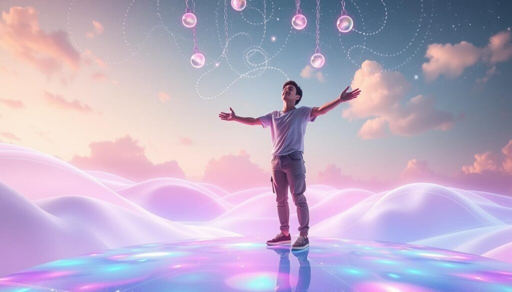 A serene, dreamlike scene illustrating the concept of releasing limiting beliefs to manifest love. In the foreground, a person in modest casual clothing stands on a luminous, iridescent platform, eyes closed, arms outstretched, as if letting go of invisible chains represented by soft, glowing orbs floating upwards. In the middle ground, gentle waves of radiant neon colors swirl around, blending hues of pink, blue, and violet, creating an ethereal atmosphere. In the background, a vast sky filled with stars and soft clouds enhances the sense of infinite possibilities. The lighting is soft and magical, casting a warm glow over the scene, while the lens captures a slightly tilted angle to evoke a feeling of dynamic release. The mood is uplifting and transformative, inviting viewers to envision their journey toward love.