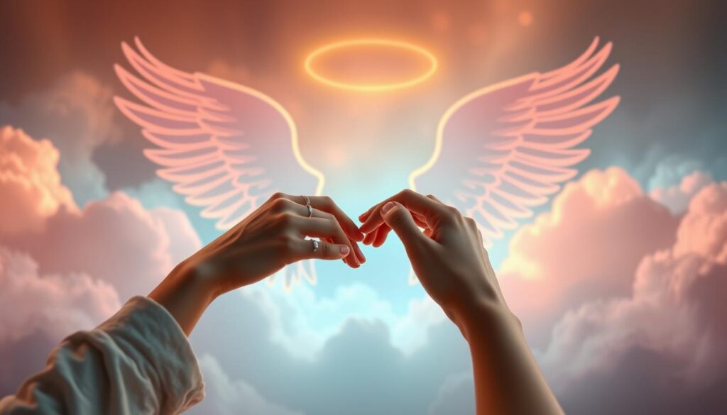 A serene, dreamlike scene illustrating the concept of "repeating partnership guidance." In the foreground, two hands gently reaching toward each other, adorned with delicate rings symbolizing unity and connection, set against a soft, ethereal glow. In the middle ground, a faint outline of angelic wings forms an abstract backdrop, embodying the presence of guardian angels offering support and encouragement. The background features soft, swirling clouds in vibrant neon colors, creating a sense of depth and otherworldliness. A warm, inviting light emanates throughout, evoking feelings of hope and love. The image should capture a harmonious blend of tranquility and energetic guidance, appealing to a high-end magazine aesthetic for an adult Gen Z audience. A serene, dreamlike scene illustrating the concept of "repeating partnership guidance." In the foreground, two hands gently reaching toward each other, adorned with delicate rings symbolizing unity and connection, set against a soft, ethereal glow. In the middle ground, a faint outline of angelic wings forms an abstract backdrop, embodying the presence of guardian angels offering support and encouragement. The background features soft, swirling clouds in vibrant neon colors, creating a sense of depth and otherworldliness. A warm, inviting light emanates throughout, evoking feelings of hope and love. The image should capture a harmonious blend of tranquility and energetic guidance, appealing to a high-end magazine aesthetic for an adult Gen Z audience.