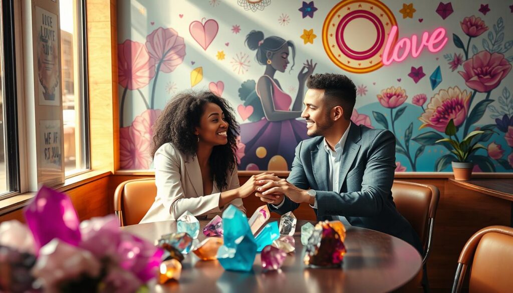 A serene, dreamlike scene of two diverse individuals sitting together in a sunlit, cozy café, engaged in deep conversation. The foreground features a table adorned with an array of vibrant, colorful crystals symbolizing love and attraction. In the middle ground, the two subjects, dressed in stylish yet professional attire, exude connection and warmth, with their hands nearly touching over the table. The background showcases a whimsical, neon-hued mural reflecting themes of relationships and manifestation, filled with dreamcore elements. Soft, ethereal lighting bathes the scene, creating an uplifting atmosphere that encourages feelings of hope and possibility. Capture this moment from a slightly elevated angle to emphasize their interaction and the enchanting surroundings.