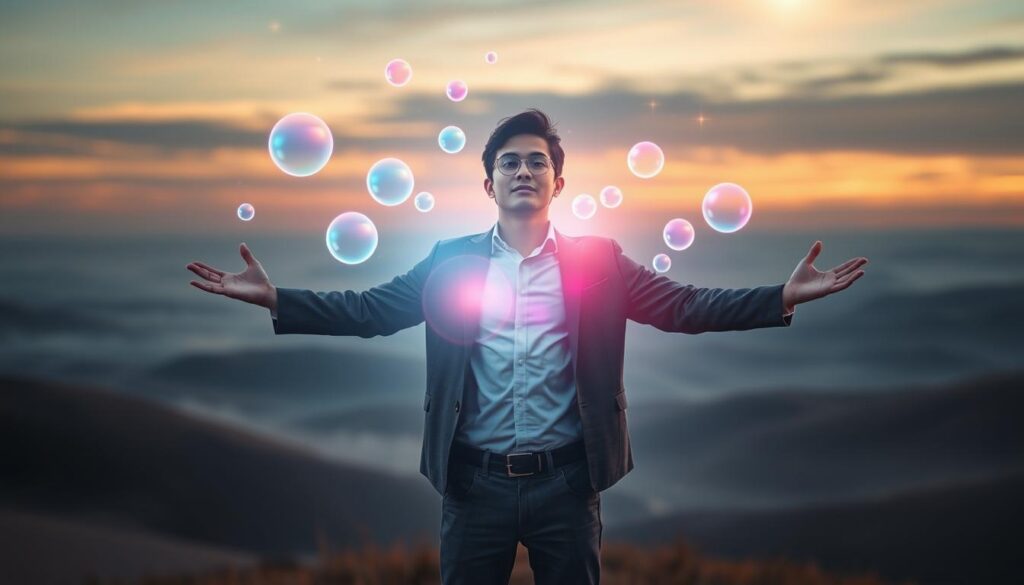 A serene dreamlike scene reflecting the "state of the wish fulfilled." In the foreground, a confident young adult in smart casual attire stands with open arms, a vibrant aura surrounding them, symbolizing empowerment and acceptance. The middle layer features ethereal, glowing orbs representing wishes and dreams, blending in neon colors of blues, pinks, and purples, floating gently around the individual. The background showcases a surreal landscape with soft, flowing shapes, hinting at an infinite horizon under a twilight sky, infused with sparkling stars and subtle hues of sunset. Soft, diffused lighting creates a calming yet invigorating atmosphere, emphasizing tranquility and hope, while a slight lens flare adds a touch of magical realism. The overall mood radiates positivity and fulfillment, inviting viewers into this transformative state of being. A serene dreamlike scene reflecting the "state of the wish fulfilled." In the foreground, a confident young adult in smart casual attire stands with open arms, a vibrant aura surrounding them, symbolizing empowerment and acceptance. The middle layer features ethereal, glowing orbs representing wishes and dreams, blending in neon colors of blues, pinks, and purples, floating gently around the individual. The background showcases a surreal landscape with soft, flowing shapes, hinting at an infinite horizon under a twilight sky, infused with sparkling stars and subtle hues of sunset. Soft, diffused lighting creates a calming yet invigorating atmosphere, emphasizing tranquility and hope, while a slight lens flare adds a touch of magical realism. The overall mood radiates positivity and fulfillment, inviting viewers into this transformative state of being.