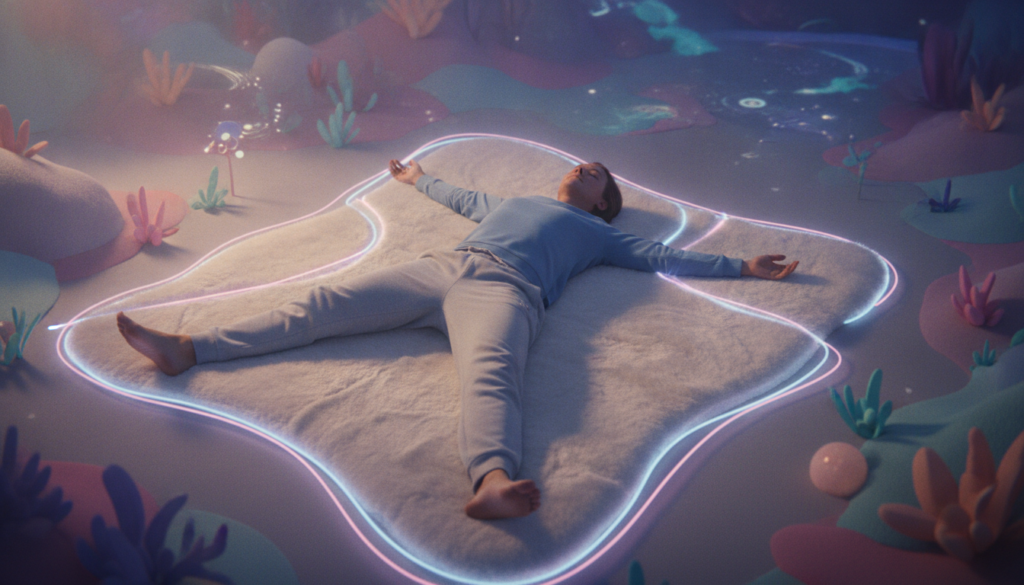 A serene, dreamlike setting featuring a person demonstrating the Raven Method starfish position on a plush, oversized mat. In the foreground, the individual, a Caucasian adult in modest casual clothing, lies comfortably with arms and legs extended, exuding tranquility. The middle ground should include soft, glowing neon light accents, creating an ethereal glow around the scene. In the background, a softly blurred dreamcore landscape with gentle pastel colors transitions into deeper, surreal hues, invoking a sense of peaceful exploration. The scene is lit with warm, diffused lighting, resembling cozy twilight, enhancing the otherworldly atmosphere. The angle captures the figure from a slightly elevated perspective, adding depth while maintaining focus on the starfish position and the serene ambiance of shifting realities. A serene, dreamlike setting featuring a person demonstrating the Raven Method starfish position on a plush, oversized mat. In the foreground, the individual, a Caucasian adult in modest casual clothing, lies comfortably with arms and legs extended, exuding tranquility. The middle ground should include soft, glowing neon light accents, creating an ethereal glow around the scene. In the background, a softly blurred dreamcore landscape with gentle pastel colors transitions into deeper, surreal hues, invoking a sense of peaceful exploration. The scene is lit with warm, diffused lighting, resembling cozy twilight, enhancing the otherworldly atmosphere. The angle captures the figure from a slightly elevated perspective, adding depth while maintaining focus on the starfish position and the serene ambiance of shifting realities.