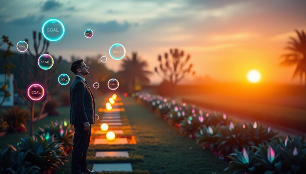A serene, dreamlike setting showcasing the concept of "law detachment and mindful goals." In the foreground, a professional figure in business attire stands confidently, gazing off into the distance, symbolizing focus and intention. They are surrounded by glowing neon-colored orbs representing various goals, gently floating around them. The middle ground features a tranquil garden with softly illuminated pathways lined with luminescent plants, suggesting harmony and balance. In the background, a gentle sunrise bathes the scene in a warm, golden light, highlighting the peaceful atmosphere. The composition has a high-end magazine advertisement feel, utilizing a shallow depth of field to create a soft blur around the edges, focusing on the figure in sharp detail. This vividly colorful image encapsulates ambition, clarity, and the essence of detachment. A serene, dreamlike setting showcasing the concept of "law detachment and mindful goals." In the foreground, a professional figure in business attire stands confidently, gazing off into the distance, symbolizing focus and intention. They are surrounded by glowing neon-colored orbs representing various goals, gently floating around them. The middle ground features a tranquil garden with softly illuminated pathways lined with luminescent plants, suggesting harmony and balance. In the background, a gentle sunrise bathes the scene in a warm, golden light, highlighting the peaceful atmosphere. The composition has a high-end magazine advertisement feel, utilizing a shallow depth of field to create a soft blur around the edges, focusing on the figure in sharp detail. This vividly colorful image encapsulates ambition, clarity, and the essence of detachment.