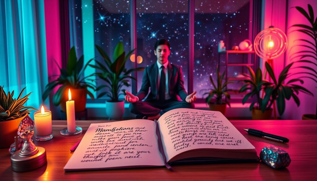 A serene, dreamlike workspace designed for manifestation, filled with vibrant neon colors. In the foreground, a modern wooden desk is adorned with an open journal filled with handwritten manifestations in elegant script, surrounded by crystals and a burning candle emitting a soft glow. In the middle ground, a focused adult Gen Z individual in professional attire is seated cross-legged, deep in meditation, surrounded by lush houseplants that symbolize growth and prosperity. The background features a large window revealing a starry night sky with hints of cosmic energy, conveying a sense of possibility and clarity. The lighting is soft yet dynamic, creating a harmonious atmosphere that inspires creativity and focus. The overall mood is tranquil, yet energetic, perfect for a high-end magazine advertisement on manifestation.