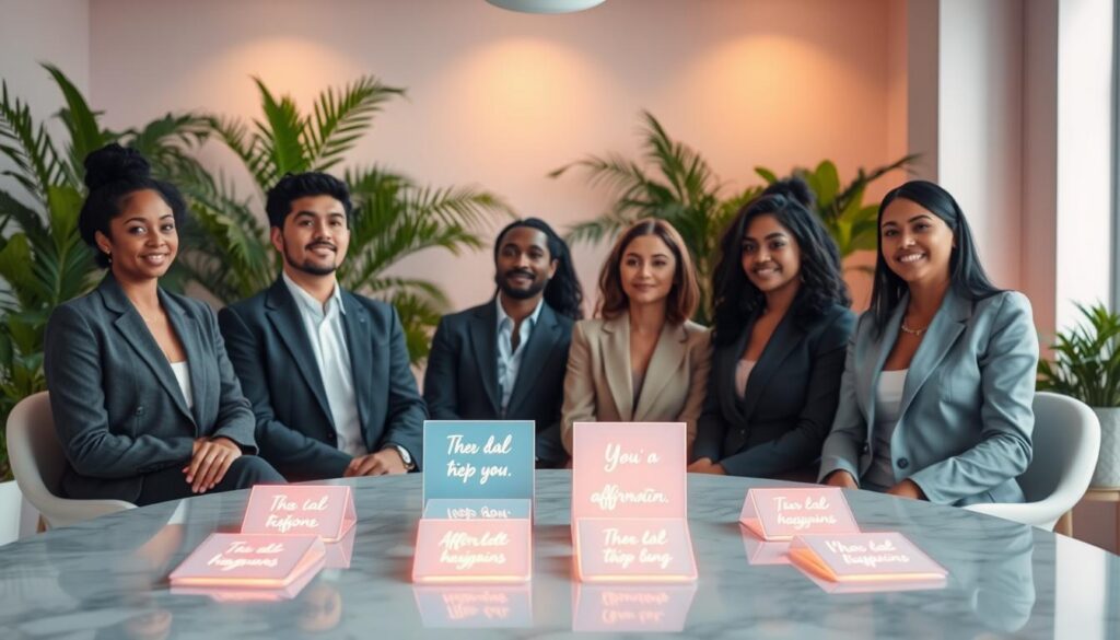 A serene, dreamlike workspace showcasing a diverse group of adults in professional business attire, engaged in visualization and affirmations for a specific relationship. In the foreground, a beautifully arranged table holds glowing neon affirmation cards, surrounded by soft, ethereal light. The middle ground features individuals seated and standing, their expressions focused and positive, gently visualizing their desired connections. The background includes lush greenery and soft pastel walls, contributing to a calming atmosphere that evokes creativity and positivity. The lighting is warm and inviting, enhancing the dreamcore aesthetic. Capture the image with a slightly elevated angle, giving depth and emphasizing the shared energy of manifestation and intention-setting, perfect for a high-end magazine advertisement targeting adult Gen Z.