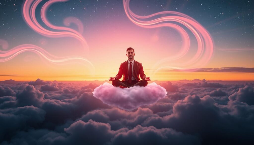A serene dreamscape unfolds in the foreground, featuring an individual seated cross-legged on a floating cloud, embodying calm and focus. They are in professional business attire, channeling an aura of confidence and intuition. Surrounding the figure are soft, swirling neon colors that blend harmoniously, representing thoughts and dreams. In the middle ground, ethereal dream elements like floating gears and soft waves symbolize the connection between intuition and subconscious problem-solving. The background is a twilight sky adorned with gentle stars, casting a soothing glow over the scene. The overall mood is reflective and inspiring, illuminated by diffused, magical lighting that creates depth and dreaminess, reminiscent of a high-end magazine advertisement, appealing to a modern adult Gen Z audience. A serene dreamscape unfolds in the foreground, featuring an individual seated cross-legged on a floating cloud, embodying calm and focus. They are in professional business attire, channeling an aura of confidence and intuition. Surrounding the figure are soft, swirling neon colors that blend harmoniously, representing thoughts and dreams. In the middle ground, ethereal dream elements like floating gears and soft waves symbolize the connection between intuition and subconscious problem-solving. The background is a twilight sky adorned with gentle stars, casting a soothing glow over the scene. The overall mood is reflective and inspiring, illuminated by diffused, magical lighting that creates depth and dreaminess, reminiscent of a high-end magazine advertisement, appealing to a modern adult Gen Z audience.