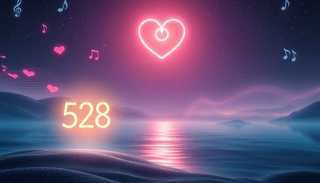 A serene, dreamy landscape featuring a luminescent 528 Hz frequency symbol, glowing softly in the foreground. Surround the symbol with gentle waves of sound, depicted as ethereal notes swirling in vibrant neon colors. In the middle ground, a tranquil scene of peaceful hearts intertwining, symbolizing love and healing, contrasted against soft, flowing textures that suggest movement and rhythm. The background showcases a starry night sky, where celestial bodies gently illuminate the scene, creating a calming atmosphere. Soft glimmers of light and reflections dance across the image, suggesting a sense of renewal and emotional restoration. Use a soft, diffused lighting effect, with a focus on creating depth and inviting warmth, reminiscent of a high-end magazine advertisement aimed at adult Gen Z audiences.