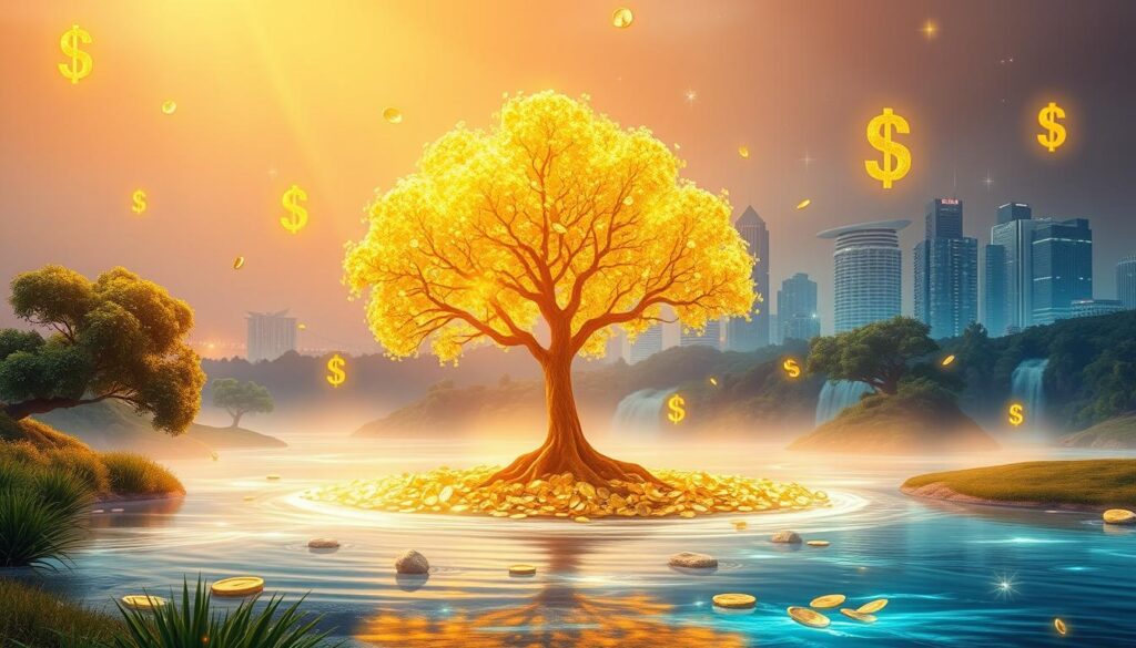 A serene, dreamy landscape representing a money mindset and abundance, set in an ethereal environment filled with soft neon colors. In the foreground, a glowing, golden tree with luminous leaves representing wealth and prosperity. The middle ground features abstract symbols of financial success like floating coins and sparkling dollar signs, merging harmoniously with elements of nature, such as flowing water and lush greenery. The background showcases a softly illuminated skyline of modern buildings, hinting at a thriving economy. The scene is bathed in warm, inviting light, creating an uplifting and hopeful mood, viewed from a slightly elevated angle to emphasize depth. This high-end magazine advertisement-style image captures the essence of abundance and the power of manifestation without any text or distractions.