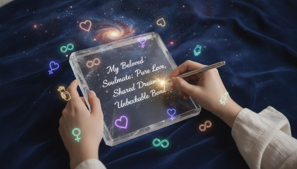 A serene, dreamy scene depicting a glowing crystal-clear notebook on a plush velvet surface, surrounded by glowing neon symbols of love and connection. In the foreground, delicate hands, dressed in elegant, modest casual clothing, are writing with a shimmering pen, capturing heartfelt intentions for a perfect soulmate. The middle ground features soft, ethereal lighting that casts a warm, inviting glow, illuminating the notebook and the symbols around it. In the background, a blurred, cosmic landscape with swirling galaxies and stars creates an enchanting atmosphere, infusing the image with a dreamlike quality. The overall mood is one of hope and inspiration, evoking a strong sense of manifestation and deep emotional connection, suitable for an adult Gen Z audience. A serene, dreamy scene depicting a glowing crystal-clear notebook on a plush velvet surface, surrounded by glowing neon symbols of love and connection. In the foreground, delicate hands, dressed in elegant, modest casual clothing, are writing with a shimmering pen, capturing heartfelt intentions for a perfect soulmate. The middle ground features soft, ethereal lighting that casts a warm, inviting glow, illuminating the notebook and the symbols around it. In the background, a blurred, cosmic landscape with swirling galaxies and stars creates an enchanting atmosphere, infusing the image with a dreamlike quality. The overall mood is one of hope and inspiration, evoking a strong sense of manifestation and deep emotional connection, suitable for an adult Gen Z audience.