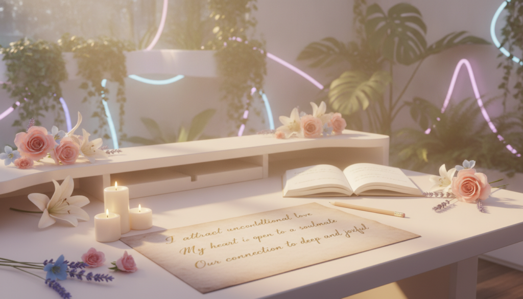 A serene, dreamy workspace filled with an ethereal glow, showcasing an elegant, minimalistic desk adorned with soft pastel colors. In the foreground, a beautifully handwritten script opens up, inscribed with heartfelt manifestations for love, surrounded by gently glowing candles and flowers, symbolizing romance and growth. In the middle, a soft focus pencil and an open notebook filled with loving affirmations, illuminated by warm, ambient lighting that creates a cozy and inviting atmosphere. The background reveals a tranquil indoor garden with lush greenery merging with neon hues, suggesting a connection between dreams and reality. Overall, the mood is uplifting, inspiring, and filled with hopeful energy, perfectly capturing the essence of scripting manifestation for love in a visually striking manner. A serene, dreamy workspace filled with an ethereal glow, showcasing an elegant, minimalistic desk adorned with soft pastel colors. In the foreground, a beautifully handwritten script opens up, inscribed with heartfelt manifestations for love, surrounded by gently glowing candles and flowers, symbolizing romance and growth. In the middle, a soft focus pencil and an open notebook filled with loving affirmations, illuminated by warm, ambient lighting that creates a cozy and inviting atmosphere. The background reveals a tranquil indoor garden with lush greenery merging with neon hues, suggesting a connection between dreams and reality. Overall, the mood is uplifting, inspiring, and filled with hopeful energy, perfectly capturing the essence of scripting manifestation for love in a visually striking manner.