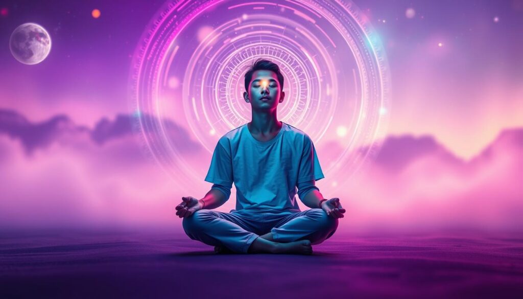 A serene, ethereal landscape depicts the concept of third eye awakening. In the foreground, a calm individual dressed in modest casual clothing sits cross-legged, eyes gently closed, with a faint glow emanating from their forehead, symbolizing the awakening of the third eye. Vivid neon colors surround them, such as deep purples and electric blues, creating a dreamy atmosphere reminiscent of dreamcore aesthetics. In the middle, swirling patterns of light and energy pulse around them, representing heightened awareness and intuition. The background features softly blurred abstract shapes, integrating elements of cosmic patterns and celestial bodies, evoking a sense of the universe's vastness. The lighting is soft yet vibrant, casting a mystical glow, embodying a tranquil yet dynamic mood, with a high-end magazine advertisement style.