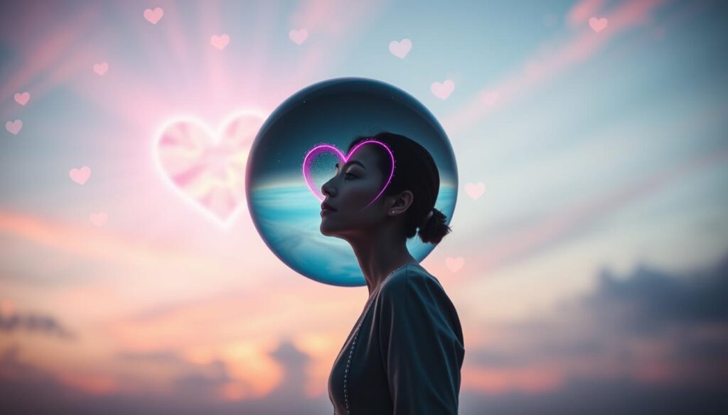 A serene, ethereal scene capturing "clear vision to manifest love." In the foreground, an elegant figure dressed in modest, professional attire gazes into a crystal-clear orb, reflecting vibrant neon colors of a cosmic landscape. The middle ground features a radiant heart-shaped aura emanating from the orb, surrounded by floating dreamlike symbols of love and connection. In the background, a dreamy twilight sky filled with soft pastels transitions into deeper hues, accentuating a tranquil atmosphere. Soft, ambient lighting creates a magical glow, highlighting the figure’s expression of hope and intent. A wide-angle perspective enhances the depth, focusing on the harmonious elements that symbolize clarity and love's manifestation, inviting viewers to feel inspired.