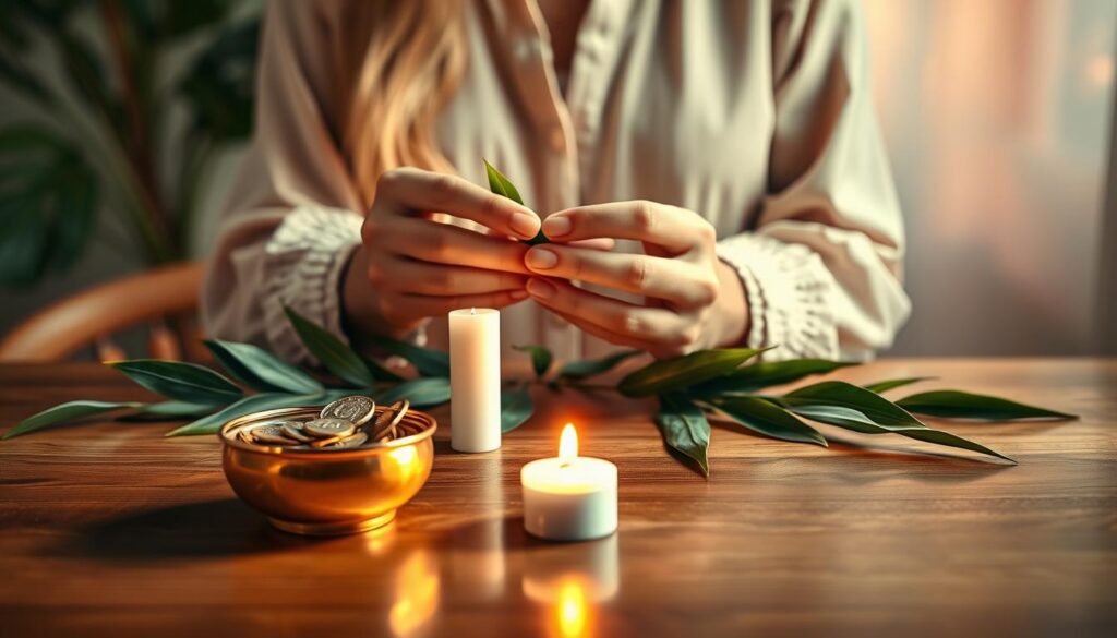 A serene, ethereal scene depicting a money intention ritual centered around vibrant green bay leaves. In the foreground, a polished wooden table holds a beautifully arranged ritual setup: a small golden bowl filled with shimmering coins, fresh green bay leaves, and a lit white candle, exuding soft, warm light. The middle ground features hands delicately intertwining the bay leaves, symbolizing manifestation and intention, adorned in stylish, modest casual attire. The background is a dreamy blend of pastel neon colors creating a mystical ambiance, reminiscent of a high-end magazine advertisement. The lighting is soft and diffuse, creating a tranquil, intimate atmosphere suited for manifestation. The overall mood is hopeful and focused, inviting viewers into the magical world of intentional money manifestation. A serene, ethereal scene depicting a money intention ritual centered around vibrant green bay leaves. In the foreground, a polished wooden table holds a beautifully arranged ritual setup: a small golden bowl filled with shimmering coins, fresh green bay leaves, and a lit white candle, exuding soft, warm light. The middle ground features hands delicately intertwining the bay leaves, symbolizing manifestation and intention, adorned in stylish, modest casual attire. The background is a dreamy blend of pastel neon colors creating a mystical ambiance, reminiscent of a high-end magazine advertisement. The lighting is soft and diffuse, creating a tranquil, intimate atmosphere suited for manifestation. The overall mood is hopeful and focused, inviting viewers into the magical world of intentional money manifestation.