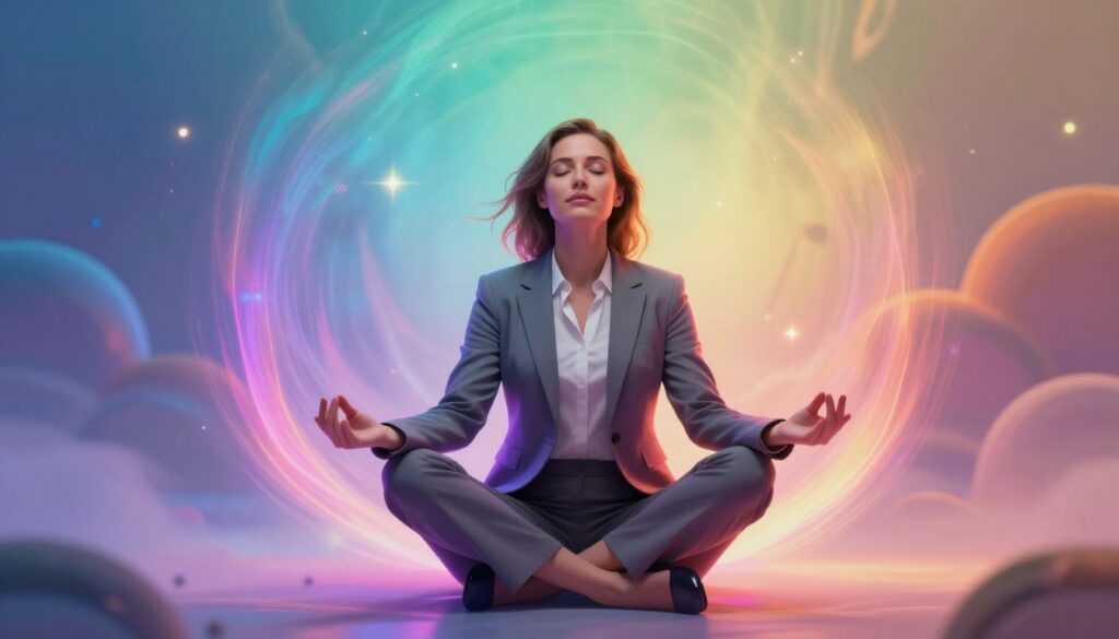 A serene, ethereal scene depicting an adult Caucasian woman in professional business attire, seated in a meditative pose surrounded by vibrant, swirling neon colors representing energy. In the foreground, soft beams of light cascade around her, symbolizing the release of negative energy. The middle ground features a gradient of soothing colors transitioning from dark to bright, illustrating a dynamic transformation. The background is a dreamlike landscape with abstract shapes and gentle light flares, evoking a sense of calm and renewal. The mood is uplifting and energetic, with a focus on clarity and positivity. The lighting is soft but vivid, creating a high-end magazine aesthetic that captures the essence of energetic renewal and financial attraction. A serene, ethereal scene depicting an adult Caucasian woman in professional business attire, seated in a meditative pose surrounded by vibrant, swirling neon colors representing energy. In the foreground, soft beams of light cascade around her, symbolizing the release of negative energy. The middle ground features a gradient of soothing colors transitioning from dark to bright, illustrating a dynamic transformation. The background is a dreamlike landscape with abstract shapes and gentle light flares, evoking a sense of calm and renewal. The mood is uplifting and energetic, with a focus on clarity and positivity. The lighting is soft but vivid, creating a high-end magazine aesthetic that captures the essence of energetic renewal and financial attraction.