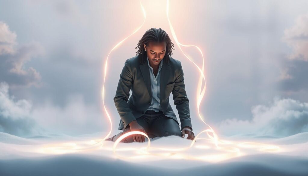 A serene, ethereal scene depicting an individual engaged in prayer, symbolizing the breaking of unhealthy soul ties. Foreground: a person of diverse descent, dressed in modest, professional attire, kneeling on a soft, glowing surface that evokes a sense of calm. Middle: ribbons of light gently unravel around them, representing toxic bonds being cut, with vibrant neon colors illuminating the scene in a dreamlike quality. Background: a tranquil setting with soft, swirling clouds and subtle hints of nature, enhancing the atmosphere of peace and healing. Soft, diffused lighting highlights the figure's face, conveying earnestness and hope. The overall mood is one of liberation and serenity, inviting the viewer to feel a sense of emotional release and spiritual renewal. A serene, ethereal scene depicting an individual engaged in prayer, symbolizing the breaking of unhealthy soul ties. Foreground: a person of diverse descent, dressed in modest, professional attire, kneeling on a soft, glowing surface that evokes a sense of calm. Middle: ribbons of light gently unravel around them, representing toxic bonds being cut, with vibrant neon colors illuminating the scene in a dreamlike quality. Background: a tranquil setting with soft, swirling clouds and subtle hints of nature, enhancing the atmosphere of peace and healing. Soft, diffused lighting highlights the figure's face, conveying earnestness and hope. The overall mood is one of liberation and serenity, inviting the viewer to feel a sense of emotional release and spiritual renewal.