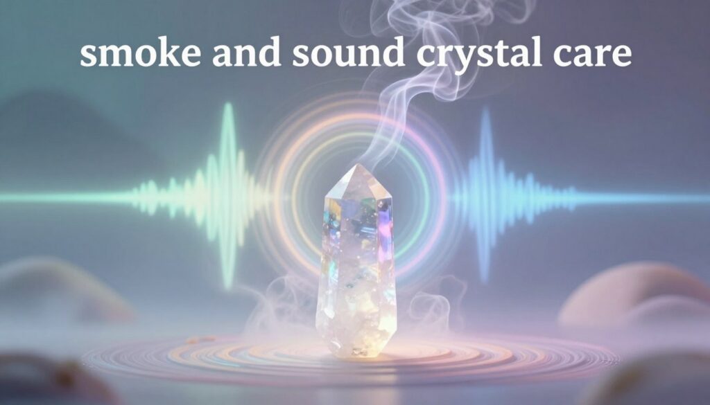A serene, ethereal scene depicting the concept of "smoke and sound crystal care." In the foreground, a beautifully crafted selenite crystal radiates soft, white light, surrounded by gentle wisps of iridescent smoke in pastel neon colors that flow gracefully upwards. The middle ground features softly glowing sound waves visually represented as concentric circles in varying hues, subtly interacting with the smoke, creating a harmonious blend of energy. In the background, a tranquil, dreamlike landscape with soft gradients and abstract shapes invokes a sense of calm and purification. The lighting is ethereal, with a diffused glow that enhances the mystical atmosphere. The overall mood is peaceful and rejuvenating, ideal for energetic cleansing, appealing to a modern, adult Gen Z aesthetic.