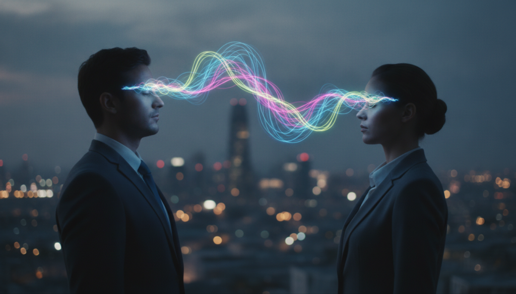 A serene, ethereal scene where two individuals, dressed in professional business attire, stand facing each other with focused expressions, their minds connected by swirling streams of vibrant neon colors. In the foreground, the characters exude a sense of concentration, with their eyes slightly closed, conveying intention. The middle ground features glowing lines of energy, representing telepathic communication, blending in colors like electric blue, vivid pink, and bright green, creating a dreamcore atmosphere. The background is a softly blurred cityscape at twilight, illuminated by shimmering lights, further emphasizing the connection between the two figures. The lighting is soft yet dynamic, casting gentle shadows, creating an air of mystery and intrigue. The overall mood is one of empowerment and clarity, symbolizing the power of intention in telepathic communication. A serene, ethereal scene where two individuals, dressed in professional business attire, stand facing each other with focused expressions, their minds connected by swirling streams of vibrant neon colors. In the foreground, the characters exude a sense of concentration, with their eyes slightly closed, conveying intention. The middle ground features glowing lines of energy, representing telepathic communication, blending in colors like electric blue, vivid pink, and bright green, creating a dreamcore atmosphere. The background is a softly blurred cityscape at twilight, illuminated by shimmering lights, further emphasizing the connection between the two figures. The lighting is soft yet dynamic, casting gentle shadows, creating an air of mystery and intrigue. The overall mood is one of empowerment and clarity, symbolizing the power of intention in telepathic communication.
