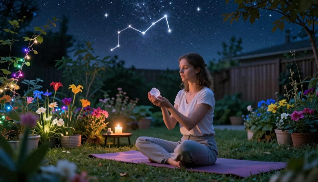 A serene evening scene set in a tranquil backyard under a starry sky, where a young Caucasian woman in modest casual clothing sits cross-legged on a softly lit yoga mat. In her hands, she holds a crystal or a small shiny object symbolizing her specific desire. The foreground features lush greenery and vibrant flowers, illuminated by soft, neon-colored string lights that add a dreamy atmosphere. In the middle ground, there's a flickering candle on a small table beside her, casting warm light. The background showcases a celestial display of stars, with constellations clearly visible, invoking a sense of connection to the cosmos. The scene is bathed in a calm, ethereal glow, creating a peaceful and reflective mood, inviting viewers to contemplate their aspirations.