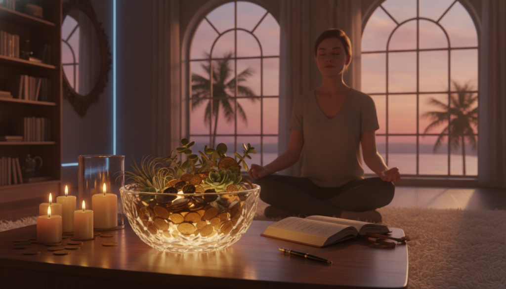 A serene evening scene that embodies gratitude and reflection, featuring a young Caucasian individual sitting cross-legged on a plush rug in a tastefully decorated room. In the foreground, a glowing crystal bowl filled with shimmering coins and small plants symbolizes wealth and abundance. The middle layer includes a softly illuminated wooden table with an open journal and a luxurious pen, surrounded by flickering candles. In the background, large windows showcase a tranquil sunset with pink and orange hues, casting warm, inviting light throughout the space. The overall atmosphere is calm and introspective, with a hint of dreamcore aesthetics through subtle neon accents in the decor. The image captures a moment of mindfulness and purpose, inviting viewers to reflect on their wealth mindset.