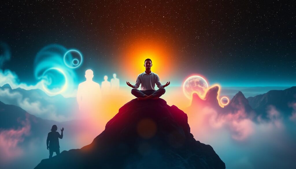 A serene figure in modest casual clothing meditates atop a rocky cliff, surrounded by ethereal mist and vibrant neon colors that swirl around them, symbolizing spiritual awakening. In the foreground, faint silhouettes of shadowy, anguished forms represent the dark night of the soul, contrasting against the luminous aura of the meditating figure. The middle ground features a stunning, otherworldly landscape with abstract shapes and glowing orbs that evoke transformation and inner turmoil. The background is a vast starry sky, enhancing the sense of depth and introspection. Soft, dynamic lighting casts a dreamlike glow, creating a mystical atmosphere. Capture this scene from a slightly elevated angle to emphasize the contrast between light and shadow, evoking a feeling of hope amidst struggle.