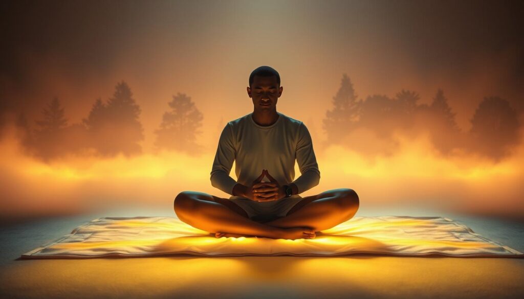 A serene figure sits cross-legged on a soft, glowing mat, surrounded by a gentle aura of ethereal light. The foreground features their hands clasped in prayer, radiating with hints of neon colors that blend into a dreamlike atmosphere. The middle ground showcases soft, wispy clouds that create a warm, comforting haze, suggesting a journey inward. In the background, ethereal silhouettes of trees stretch upward, shrouded in mystical light, symbolizing hope and growth. The scene is illuminated with soft, diffused lighting, as if captured at dawn, enhancing the mood of introspection and spiritual seeking. A wide-angle shot captures the expansiveness of the setting, inviting the viewer into this tranquil moment of crisis and connection. A serene figure sits cross-legged on a soft, glowing mat, surrounded by a gentle aura of ethereal light. The foreground features their hands clasped in prayer, radiating with hints of neon colors that blend into a dreamlike atmosphere. The middle ground showcases soft, wispy clouds that create a warm, comforting haze, suggesting a journey inward. In the background, ethereal silhouettes of trees stretch upward, shrouded in mystical light, symbolizing hope and growth. The scene is illuminated with soft, diffused lighting, as if captured at dawn, enhancing the mood of introspection and spiritual seeking. A wide-angle shot captures the expansiveness of the setting, inviting the viewer into this tranquil moment of crisis and connection.