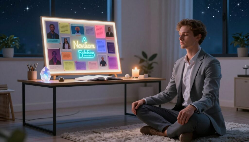 A serene, focused workspace designed for mental preparation, featuring a stylish desk with an open notebook, a glowing crystal, and a lit candle, all organized neatly. In the foreground, a young Caucasian adult in professional, business-casual attire sits cross-legged on a plush rug, eyes closed in meditation, embodying tranquility. The middle ground showcases an illuminated vision board adorned with vivid images and affirmations, glowing softly in neon colors, hinting at the power of Neville Goddard's revision technique. The background features a softly lit, minimalist room with large windows revealing a starry night sky, creating a dreamlike atmosphere. The overall mood is calm and introspective, leveraging soft ambient lighting to highlight the preparation process for inner transformation. A serene, focused workspace designed for mental preparation, featuring a stylish desk with an open notebook, a glowing crystal, and a lit candle, all organized neatly. In the foreground, a young Caucasian adult in professional, business-casual attire sits cross-legged on a plush rug, eyes closed in meditation, embodying tranquility. The middle ground showcases an illuminated vision board adorned with vivid images and affirmations, glowing softly in neon colors, hinting at the power of Neville Goddard's revision technique. The background features a softly lit, minimalist room with large windows revealing a starry night sky, creating a dreamlike atmosphere. The overall mood is calm and introspective, leveraging soft ambient lighting to highlight the preparation process for inner transformation.
