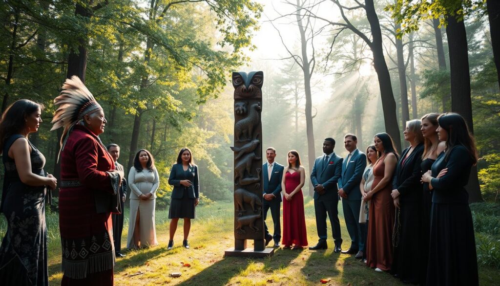 A serene forest glade illuminated by soft morning light, featuring a diverse group of people adorned in elegant, professional attire, each engaged in a respectful ritual acknowledging their spirit animals. In the foreground, a Native American elder presents a beautifully crafted totem, its intricate carvings depicting various animals representing wisdom, protection, and abundance. The middle ground reveals participants forming a circle, gazing at the totem with reverence, while modern elements like subtle neon accents hint at a blend of tradition and contemporary aesthetics. The background shows lush green trees and soft sunlight filtering through, creating a tranquil atmosphere. The overall mood conveys respect, harmony, and an appreciation for spiritual traditions, encouraging connection and growth in wealth protection. A serene forest glade illuminated by soft morning light, featuring a diverse group of people adorned in elegant, professional attire, each engaged in a respectful ritual acknowledging their spirit animals. In the foreground, a Native American elder presents a beautifully crafted totem, its intricate carvings depicting various animals representing wisdom, protection, and abundance. The middle ground reveals participants forming a circle, gazing at the totem with reverence, while modern elements like subtle neon accents hint at a blend of tradition and contemporary aesthetics. The background shows lush green trees and soft sunlight filtering through, creating a tranquil atmosphere. The overall mood conveys respect, harmony, and an appreciation for spiritual traditions, encouraging connection and growth in wealth protection.