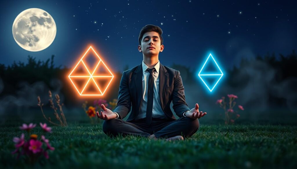 A serene full moon illuminates a tranquil outdoor setting, casting soft, ethereal light over a peaceful garden. In the foreground, a young adult dressed in professional attire sits cross-legged on a grassy area, hands resting on their knees, eyes closed in meditation. Surrounded by glowing, neon-colored geometric shapes symbolizing intention and release, they exude a sense of calm and purpose. In the middle ground, vibrant wildflowers and soft, swirling mists enhance the dreamlike atmosphere. The background features a night sky filled with twinkling stars, emphasizing the power of the full moon. The overall mood is one of empowerment and serenity, inviting viewers to connect with their highest intentions for releasing debt, with an emphasis on clarity and positivity. Use a soft-focus lens effect to create a dreamy ambiance. A serene full moon illuminates a tranquil outdoor setting, casting soft, ethereal light over a peaceful garden. In the foreground, a young adult dressed in professional attire sits cross-legged on a grassy area, hands resting on their knees, eyes closed in meditation. Surrounded by glowing, neon-colored geometric shapes symbolizing intention and release, they exude a sense of calm and purpose. In the middle ground, vibrant wildflowers and soft, swirling mists enhance the dreamlike atmosphere. The background features a night sky filled with twinkling stars, emphasizing the power of the full moon. The overall mood is one of empowerment and serenity, inviting viewers to connect with their highest intentions for releasing debt, with an emphasis on clarity and positivity. Use a soft-focus lens effect to create a dreamy ambiance.