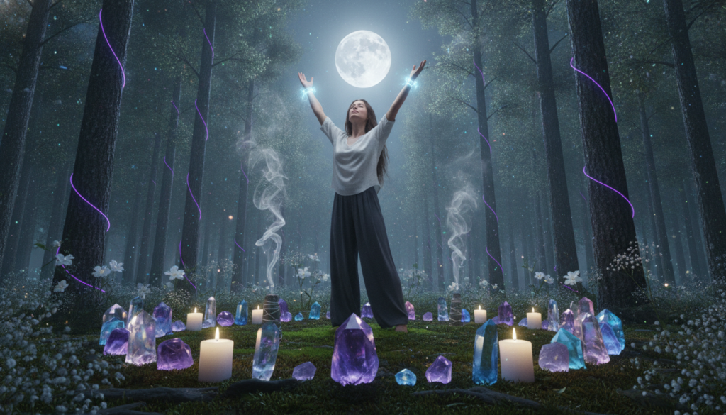 A serene full moon illuminates a tranquil outdoor setting, casting soft silvery light on a circular arrangement of crystals and candles on the ground in a lush forest clearing. In the foreground, a confident Caucasian woman dressed in modest, stylish casual clothing performs a releasing ritual, her arms lifted toward the moon, glowing with ethereal energy. In the middle ground, delicate white flowers and gentle smoke from burning sage create a dreamy atmosphere, while in the background, tall trees frame the scene, their leaves softly rustling in the night breeze. The overall mood is mystical and empowering, enhanced by vibrant neon accents subtly blending with the natural colors, giving a modern Dreamcore aesthetic. The composition features a dynamic angle that draws the viewer into a world of transformation and self-discovery. A serene full moon illuminates a tranquil outdoor setting, casting soft silvery light on a circular arrangement of crystals and candles on the ground in a lush forest clearing. In the foreground, a confident Caucasian woman dressed in modest, stylish casual clothing performs a releasing ritual, her arms lifted toward the moon, glowing with ethereal energy. In the middle ground, delicate white flowers and gentle smoke from burning sage create a dreamy atmosphere, while in the background, tall trees frame the scene, their leaves softly rustling in the night breeze. The overall mood is mystical and empowering, enhanced by vibrant neon accents subtly blending with the natural colors, giving a modern Dreamcore aesthetic. The composition features a dynamic angle that draws the viewer into a world of transformation and self-discovery.