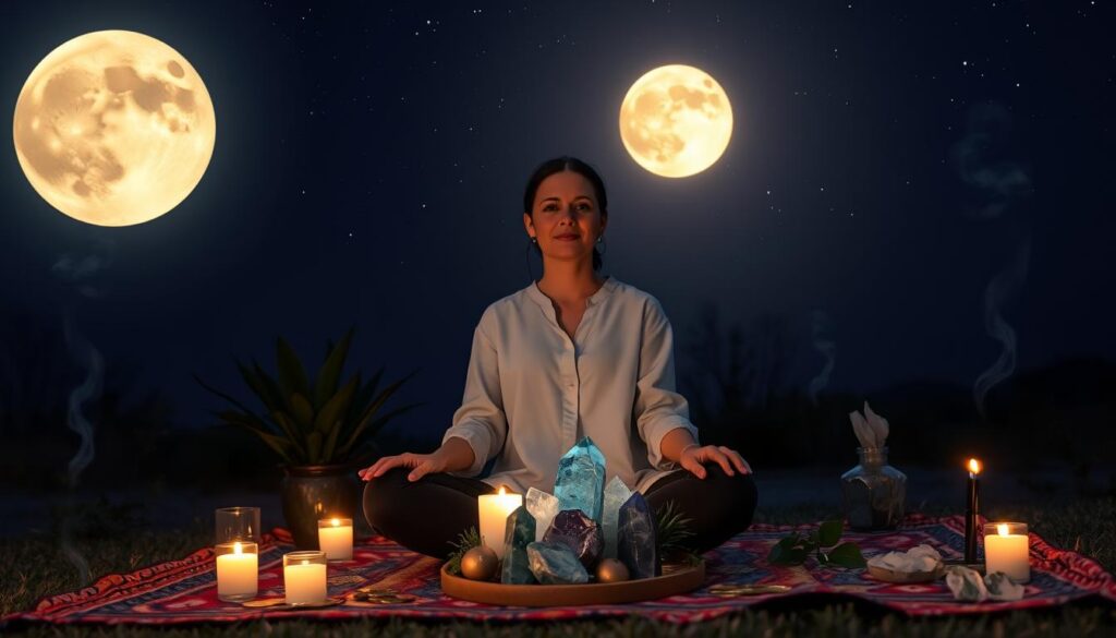 A serene full moon illuminates a tranquil outdoor setting for a money mindset moon ritual. In the foreground, a professional in modest casual clothing sits cross-legged on a colorful woven blanket, surrounded by candles, crystals, and a small altar decorated with lush green plants and gold coins. The middle layer features softly glowing crystals in shades of blue and purple, reflecting the moonlight, while small bundles of sage smoke spiral upward, creating an air of mystique. The background consists of a starry night sky with twinkling stars and the full moon casting a gentle glow, enhancing the atmosphere of manifestation and abundance. The scene embodies a calming, reflective mood, highlighting a transformative experience of financial empowerment and mindset shifts, evoking a dreamlike yet grounded experience. A serene full moon illuminates a tranquil outdoor setting for a money mindset moon ritual. In the foreground, a professional in modest casual clothing sits cross-legged on a colorful woven blanket, surrounded by candles, crystals, and a small altar decorated with lush green plants and gold coins. The middle layer features softly glowing crystals in shades of blue and purple, reflecting the moonlight, while small bundles of sage smoke spiral upward, creating an air of mystique. The background consists of a starry night sky with twinkling stars and the full moon casting a gentle glow, enhancing the atmosphere of manifestation and abundance. The scene embodies a calming, reflective mood, highlighting a transformative experience of financial empowerment and mindset shifts, evoking a dreamlike yet grounded experience.